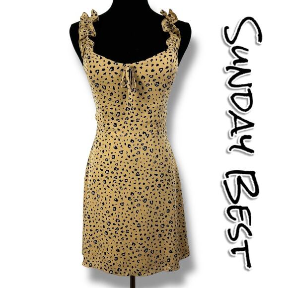 Sunday Best Dresses & Skirts - Sunday Best Flirt Leopard Mini Dress Aritzia Tan Ruffle Sweetheart Womens Size 2